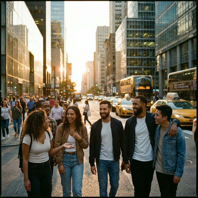 Grupo diverso de amigos na cidade